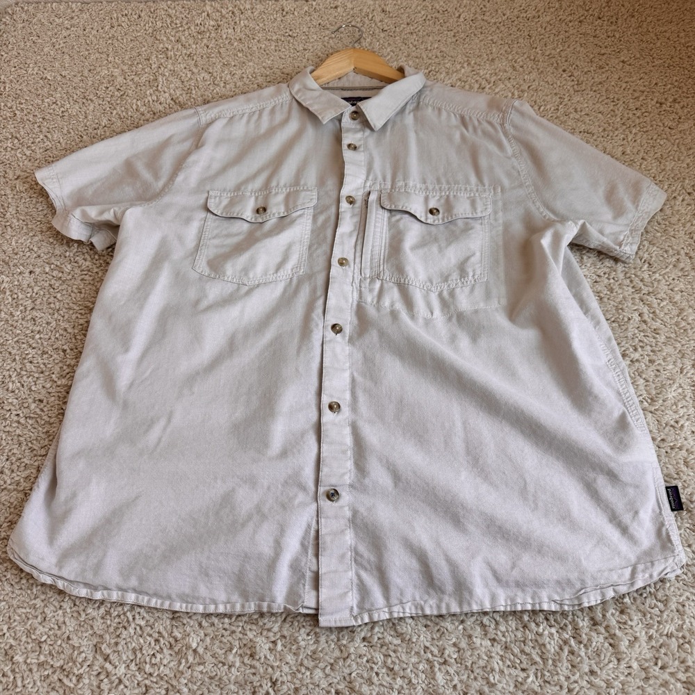 Patagonia Mens XXL Hemp Organic Cotton Short Sleeve Button Shirt Beige Outdoor